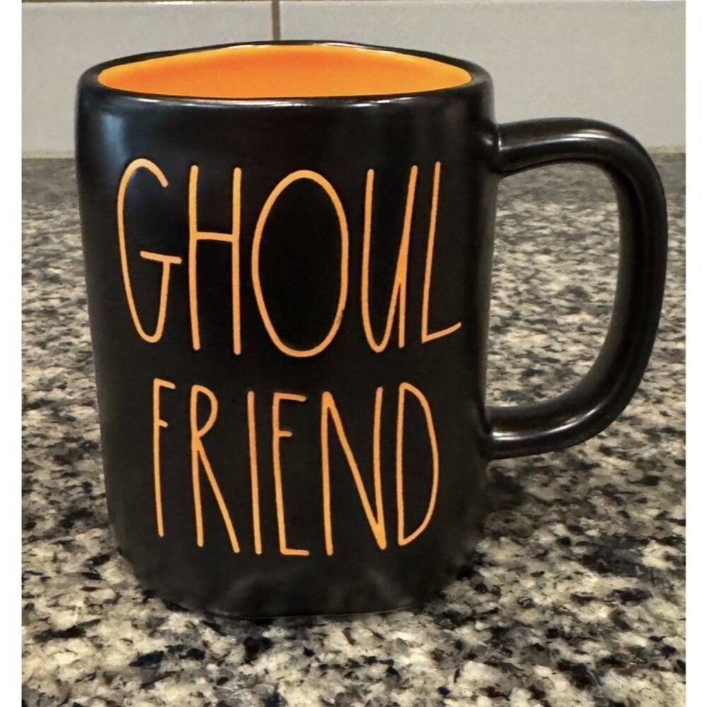 Rae Dunn “GHOUL FRIEND” Matte Black Mug w/ Orange Letters & Inside Mug Halloween